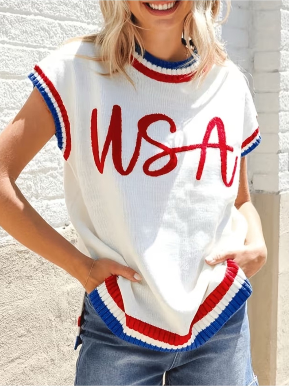 USA Knit Short Sleeve Sweater Patriotic America 250th Anniversary Outfit